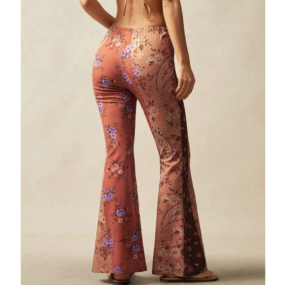 Boho Floral Print Stretchy Waist Color Block Bell Bottom Pants - Picture 6 of 6